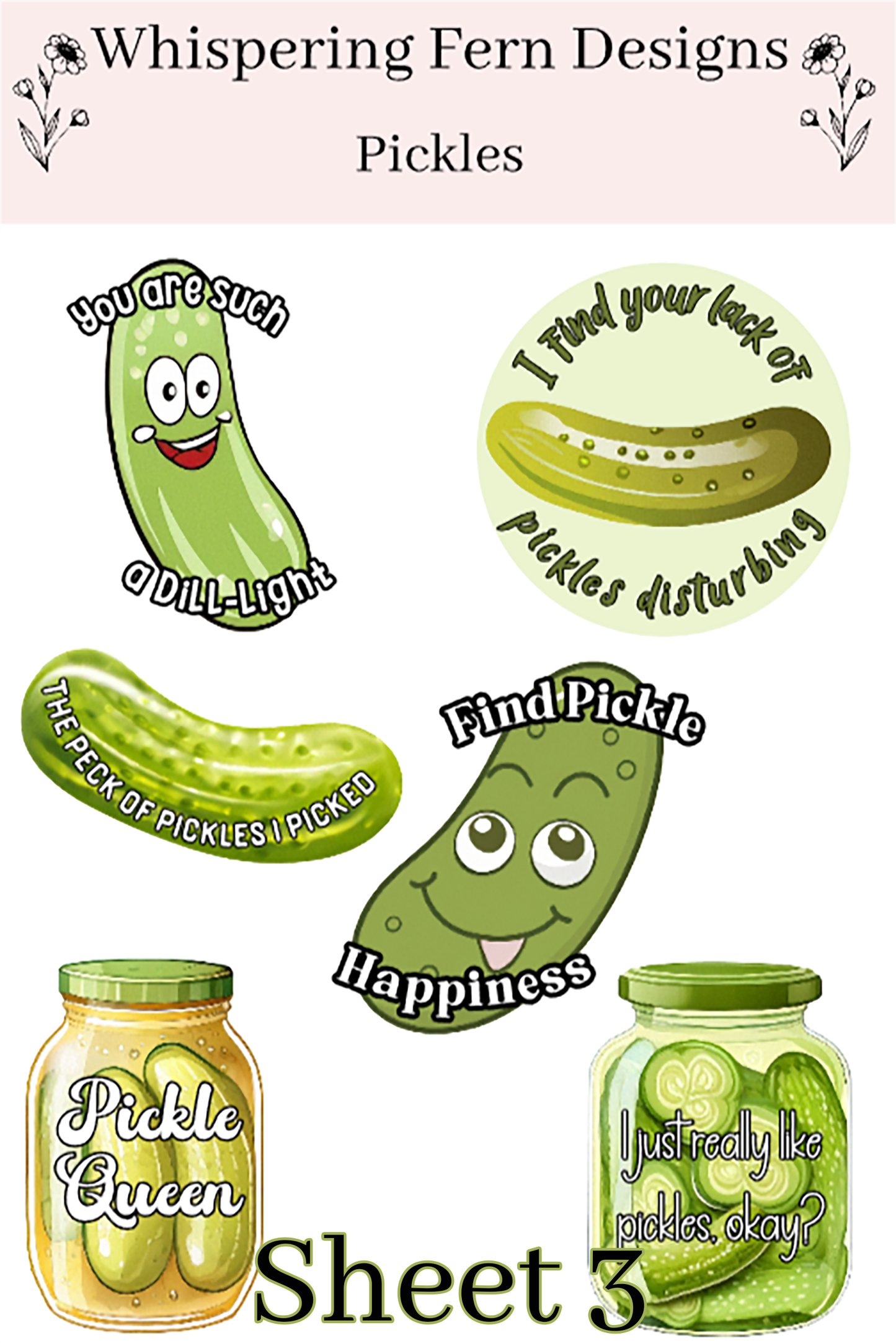 Pickle Sticker Sheet | Cute Pickles with Funny Sayings | Food Lovers Stickers | Planner, Scrapbook, Laptop, Journal Stickers