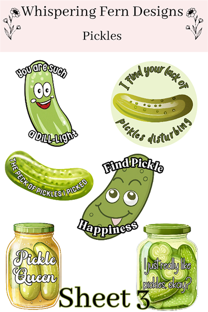 Pickle Sticker Sheet | Cute Pickles with Funny Sayings | Food Lovers Stickers | Planner, Scrapbook, Laptop, Journal Stickers