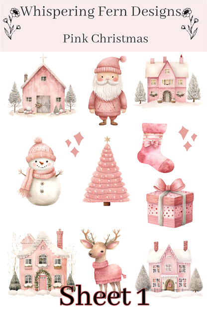 Pink Christmas Sticker Sheet | Cute Holiday Santa, Snowmen, Reindeer, Presents & More | Kawaii Pink Holiday Stickers