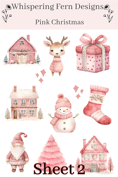 Pink Christmas Sticker Sheet | Cute Holiday Santa, Snowmen, Reindeer, Presents & More | Kawaii Pink Holiday Stickers