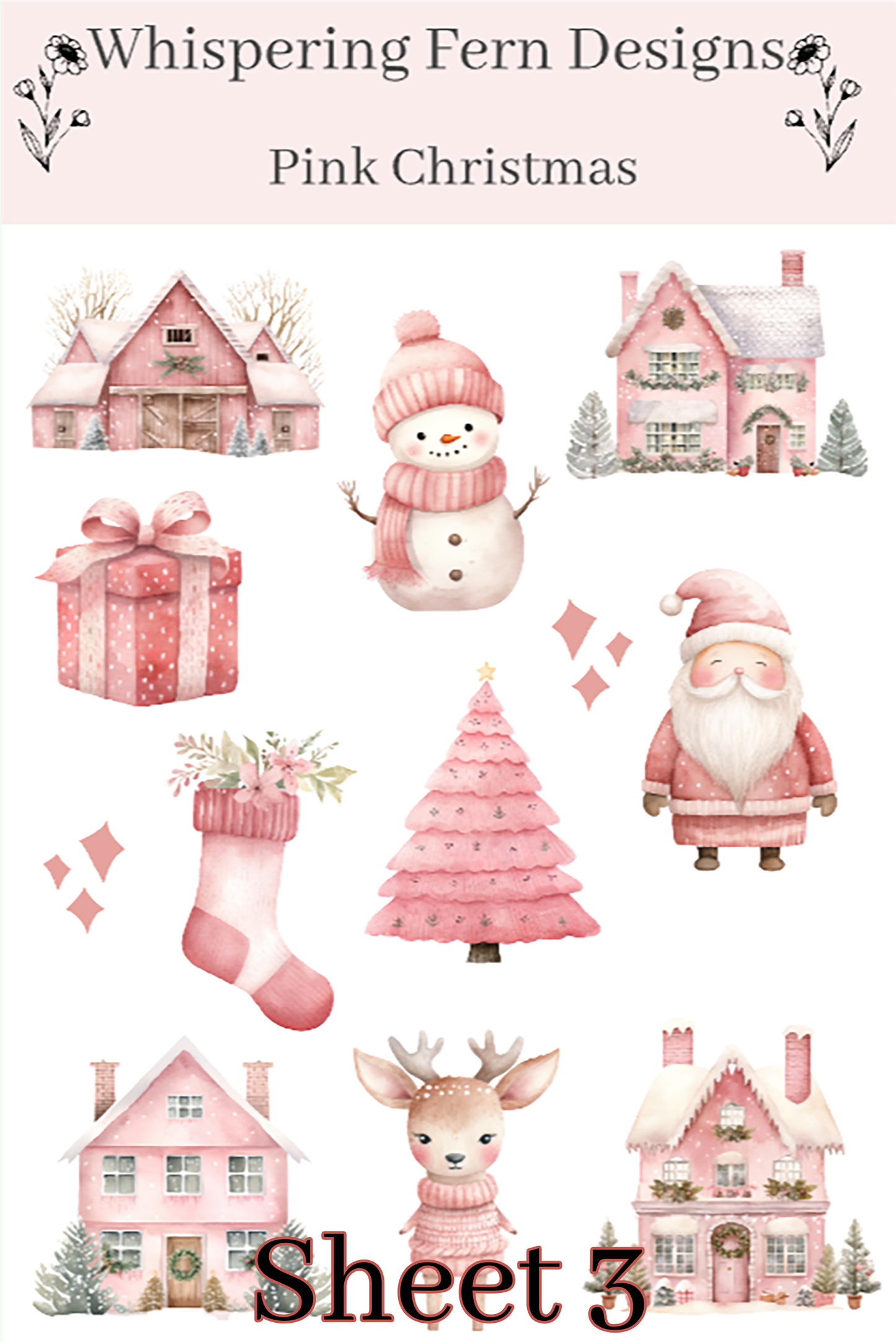 Pink Christmas Sticker Sheet | Cute Holiday Santa, Snowmen, Reindeer, Presents & More | Kawaii Pink Holiday Stickers