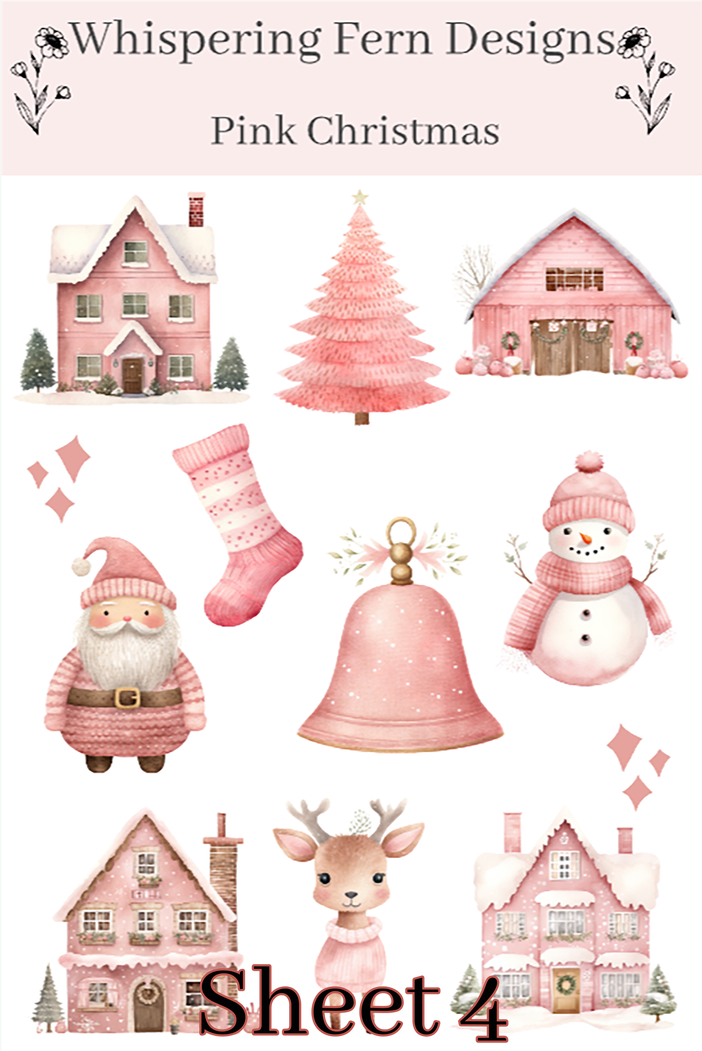 Pink Christmas Sticker Sheet | Cute Holiday Santa, Snowmen, Reindeer, Presents & More | Kawaii Pink Holiday Stickers