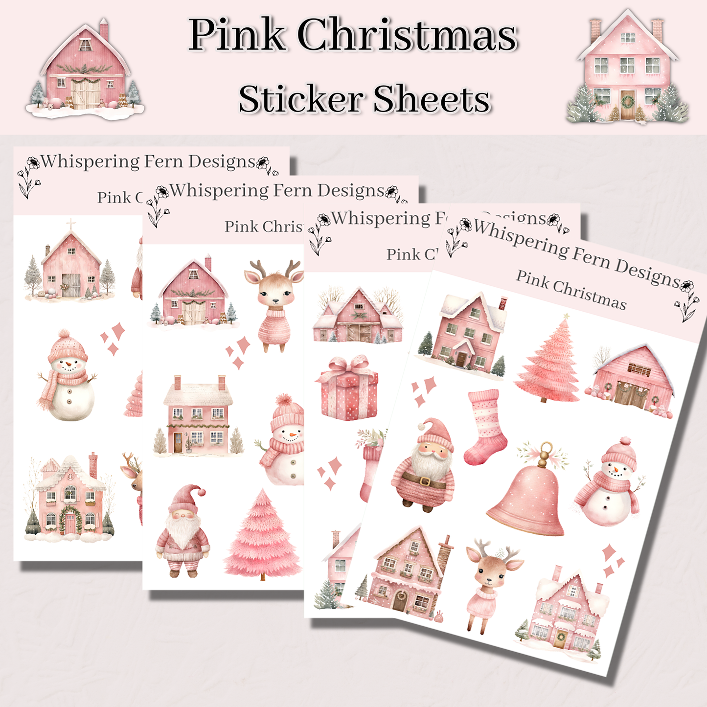 Pink Christmas Sticker Sheet | Cute Holiday Santa, Snowmen, Reindeer, Presents & More | Kawaii Pink Holiday Stickers