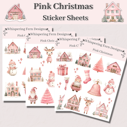 Pink Christmas Sticker Sheet | Cute Holiday Santa, Snowmen, Reindeer, Presents & More | Kawaii Pink Holiday Stickers