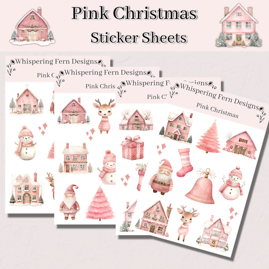 Pink Christmas Sticker Sheet | Cute Holiday Santa, Snowmen, Reindeer, Presents & More | Kawaii Pink Holiday Stickers
