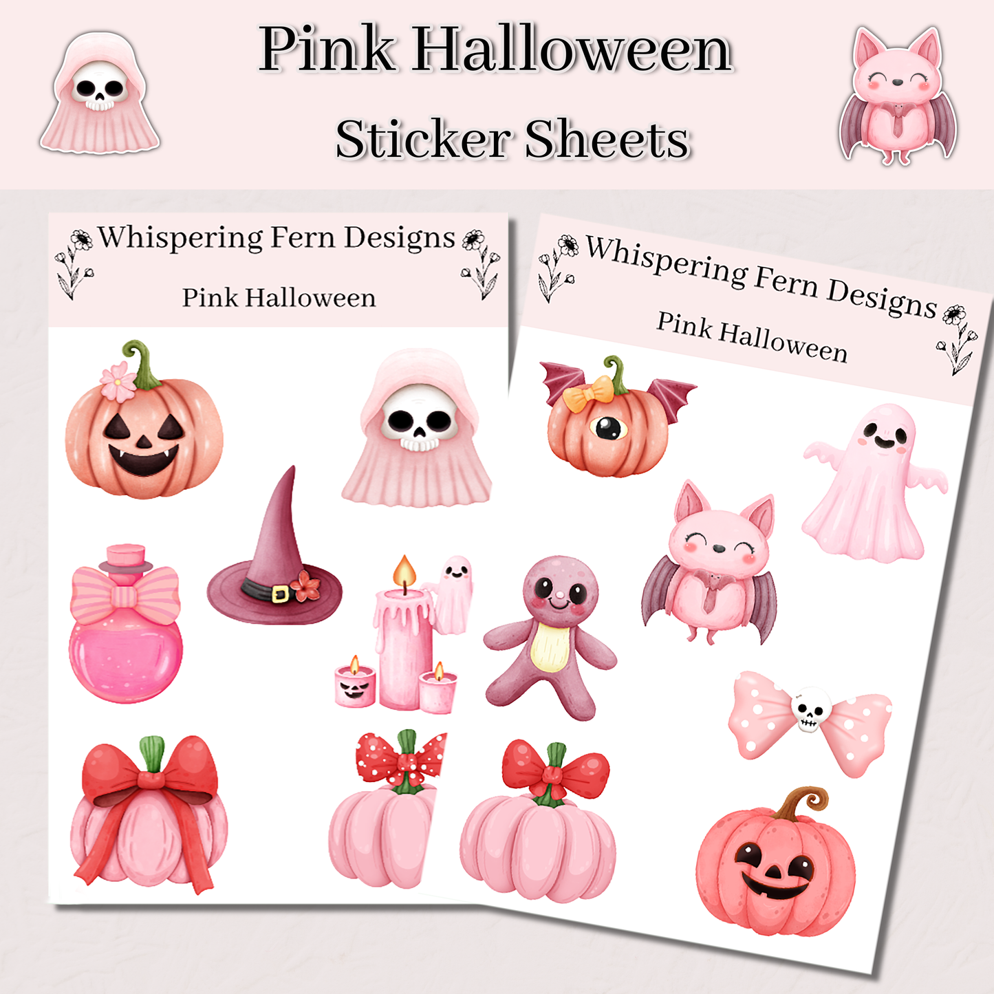 Pink Halloween Sticker Sheet | Halloween Ghost & Pumpkins | Spooky Cute Planner Stickers, Scrapbooking, Laptop