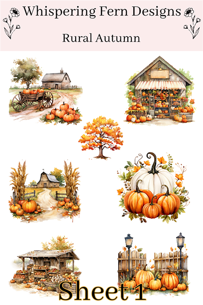 Rural Autumn Sticker Sheet – Pumpkin Barns, Fruit & Veggie Stands, Fall Harvest Stickers for Journals, Planners and Crafts, Harvest Stickers