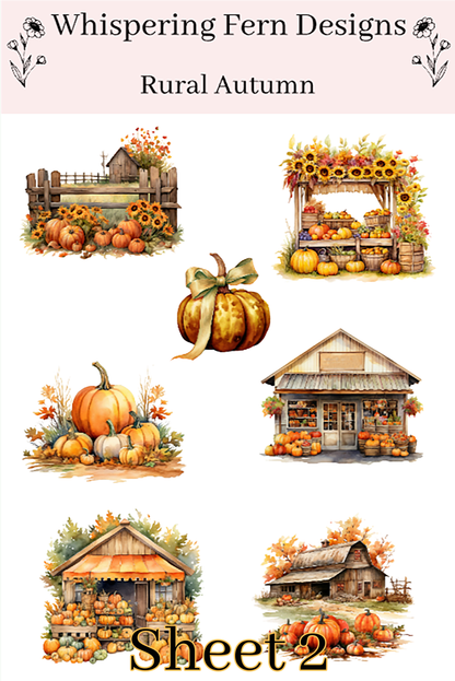 Rural Autumn Sticker Sheet – Pumpkin Barns, Fruit & Veggie Stands, Fall Harvest Stickers for Journals, Planners and Crafts, Harvest Stickers