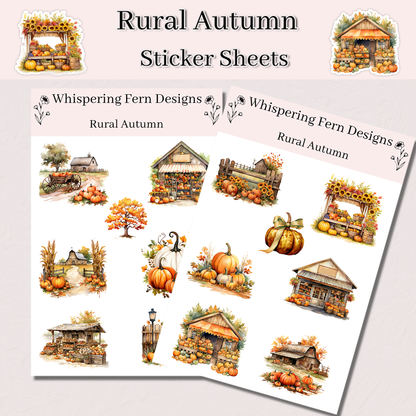 Rural Autumn Sticker Sheet – Pumpkin Barns, Fruit & Veggie Stands, Fall Harvest Stickers for Journals, Planners and Crafts, Harvest Stickers