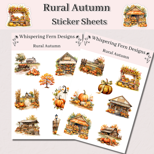Rural Autumn Sticker Sheet – Pumpkin Barns, Fruit & Veggie Stands, Fall Harvest Stickers for Journals, Planners and Crafts, Harvest Stickers