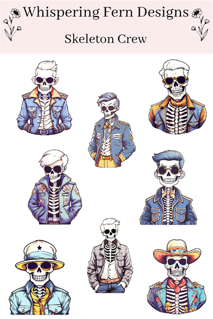 Skeleton Crew Sticker Sheet | Cool Skeleton Stickers in Jackets | Spooky Cute Stickers for Planners, Journals & Laptops