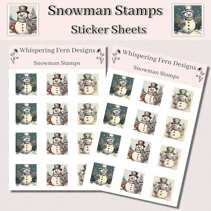 Vintage Snowman Stamp Sticker Sheet | Retro Holiday Stickers | Christmas Planner, Scrapbooking & Journaling Stickers