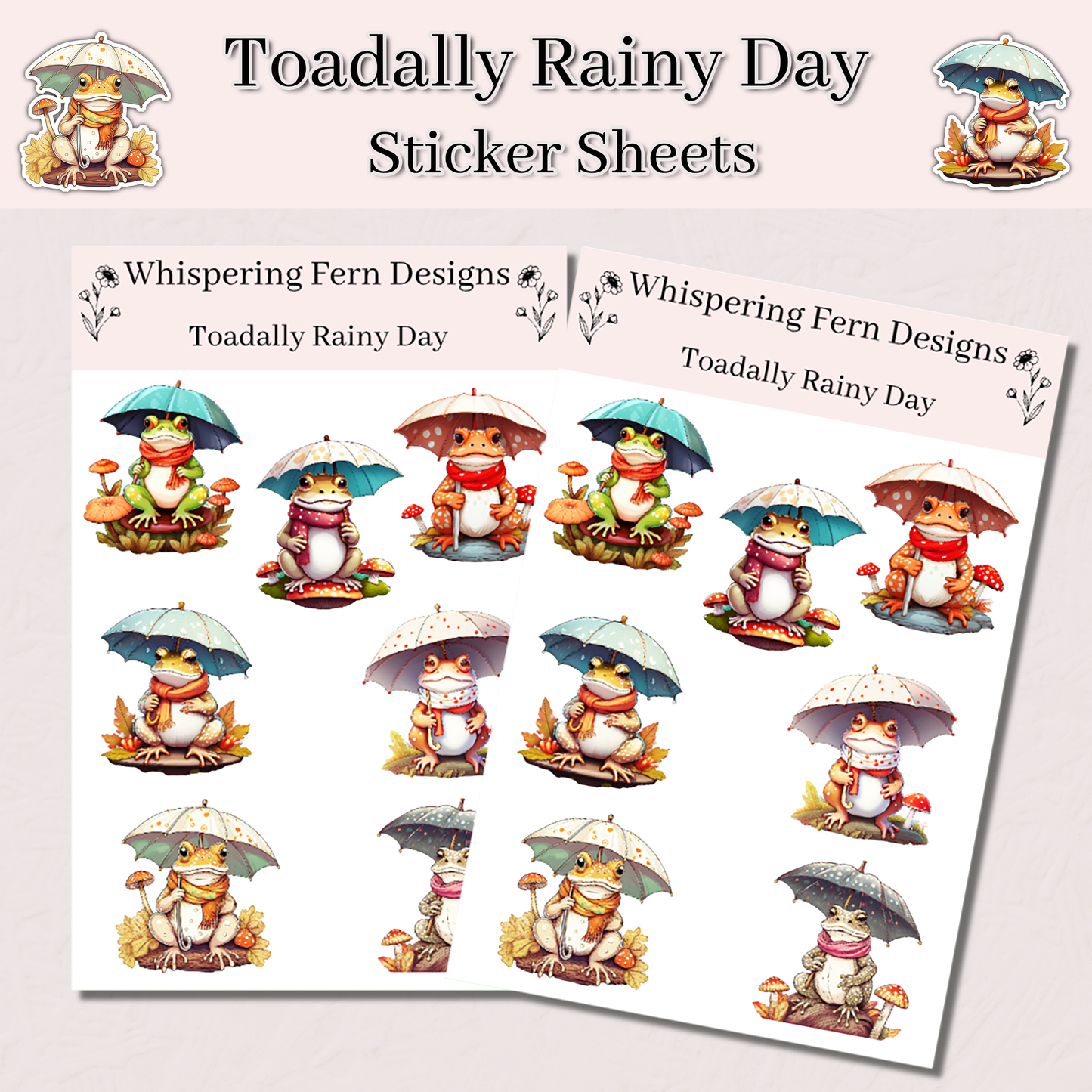Toadally Rainy Day Sticker Sheet | Cute Frog Stickers | Kawaii Toad Stickers with Umbrellas & Scarves | Cozy Planner Stickers