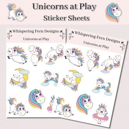 Unicorns at Play Sticker Sheet | Whimsical Unicorn Stickers | Planner, Scrapbook, Laptop, Journal Stickers