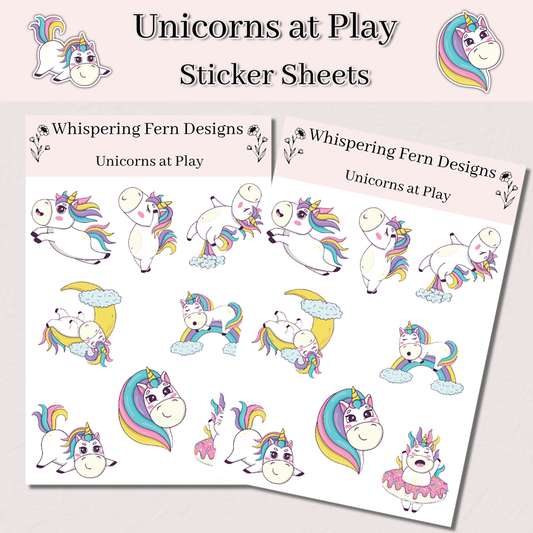 Unicorns at Play Sticker Sheet | Whimsical Unicorn Stickers | Planner, Scrapbook, Laptop, Journal Stickers