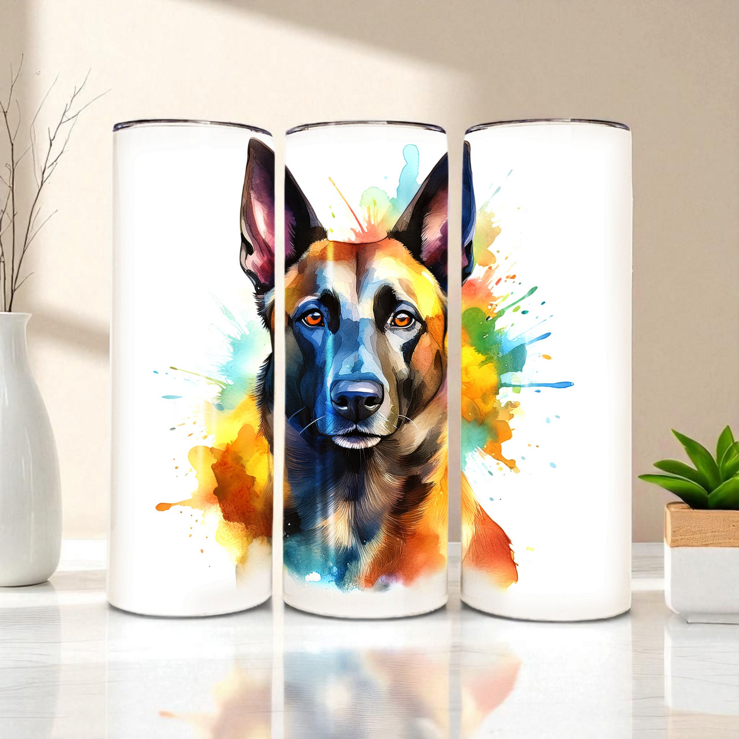 Belgian Malinois 20 oz Watercolor Tumbler – Dog Lover Gift, Double-Walled Stainless Steel Travel Cup with Lid & Straw
