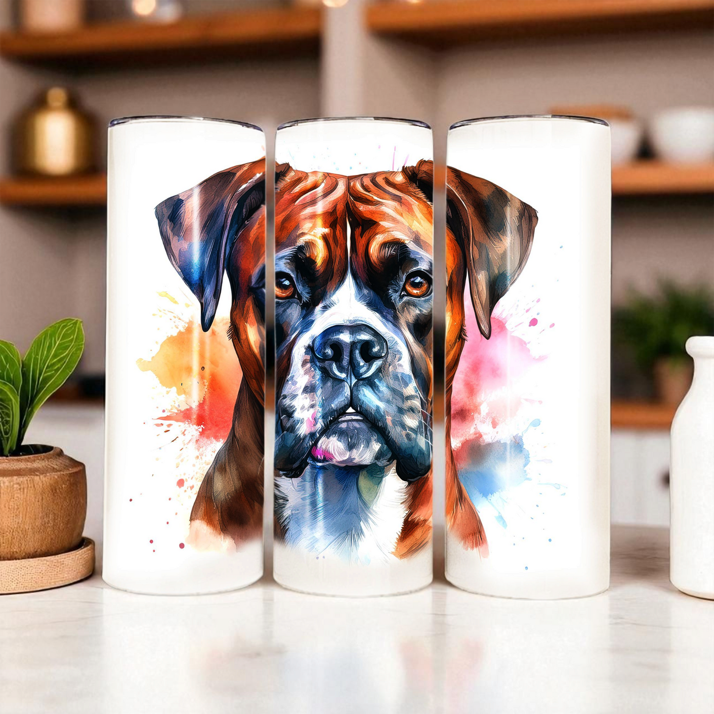 Boxer 20 oz Watercolor Dog Tumbler – Dog Lover Gift, Stainless Steel Insulated Travel Cup with Lid & Straw