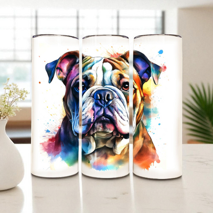 Bulldog 20 oz Watercolor Tumbler – Dog Lover Gift, Stainless Steel Insulated Travel Cup with Lid & Straw