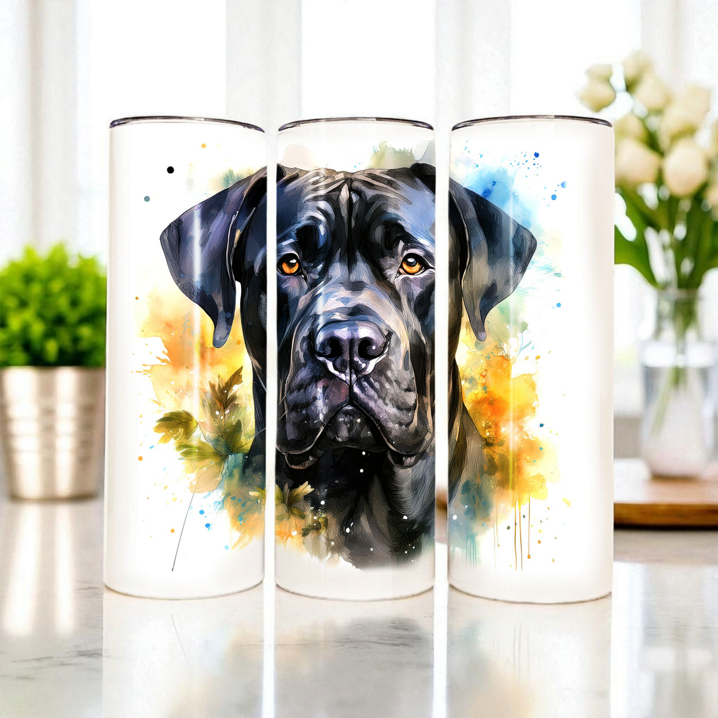 Cane Corso 20 oz Watercolor Tumbler – Dog Lover Gift, Stainless Steel Insulated Travel Cup with Lid & Straw | Italian Mastiff