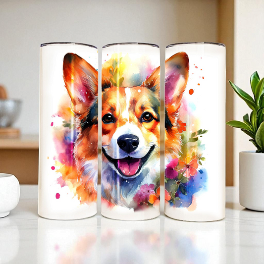 Corgi 20 oz Watercolor Tumbler – Cute Dog Lover Gift, Stainless Steel Insulated Travel Cup with Lid & Straw | Welsh Corgi | Queen's Corgi