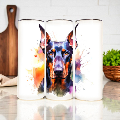 Doberman 20 oz Watercolor Tumbler – Doberman Lover Gift, Stainless Steel Insulated Cup with Lid & Straw | Dobie Tumbler | Dobe Cup