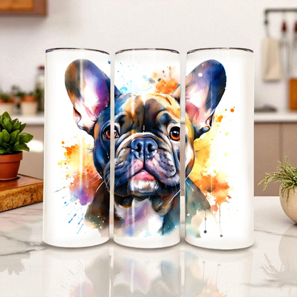 French Bulldog 20 oz Watercolor Tumbler – Cute Dog Lover Gift, Stainless Steel Insulated Travel Cup with Lid & Straw | Frenchie