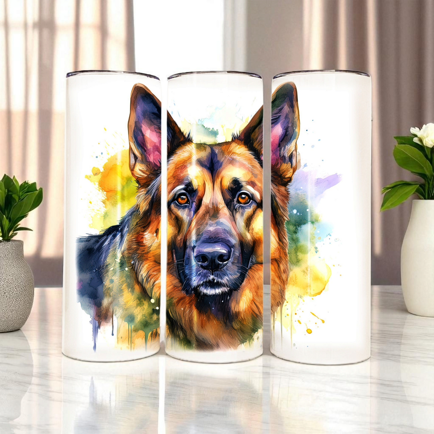 German Shepherd  20 oz Watercolor Tumbler – Dog Lover Gift, Stainless Steel Insulated Travel Cup with Lid & Straw