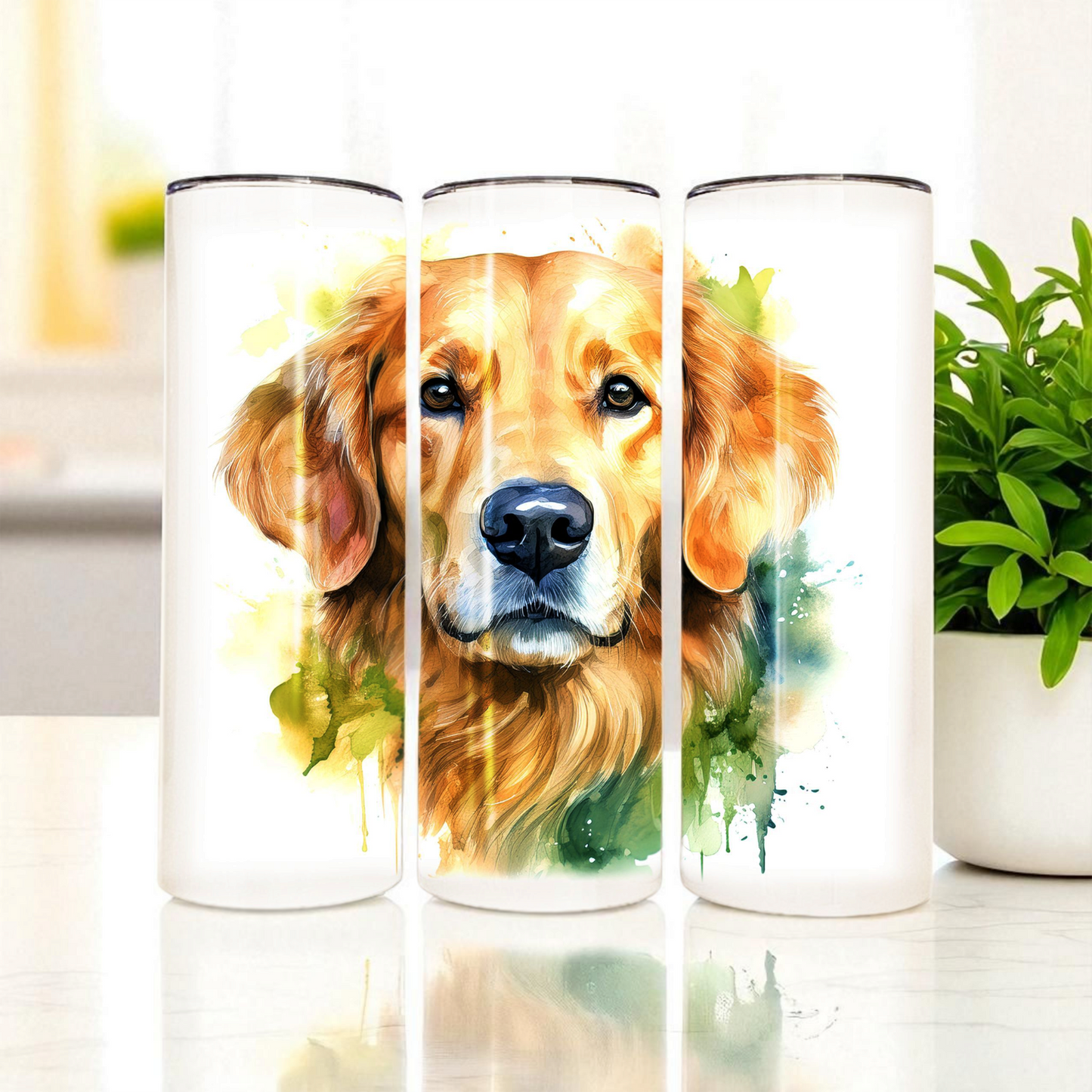 Golden Retriever 20 oz Watercolor Tumbler – Dog Lover Gift, Stainless Steel Insulated Travel Cup with Lid & Straw