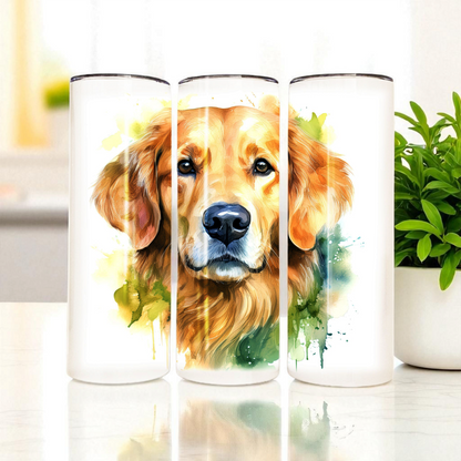 Golden Retriever 20 oz Watercolor Tumbler – Dog Lover Gift, Stainless Steel Insulated Travel Cup with Lid & Straw