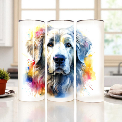 Great Pyrenees 20 oz Watercolor Tumbler – Majestic White Dog Lover Gift, Insulated Stainless Steel Travel Cup with Lid & Straw