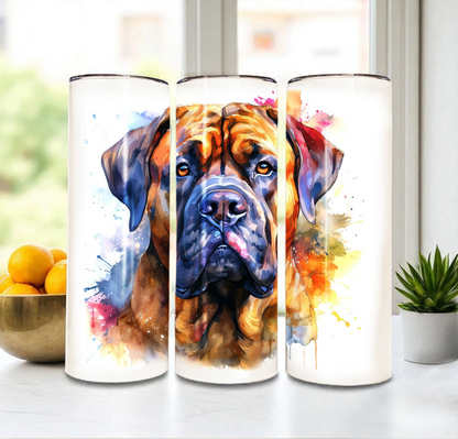 Mastiff 20 oz Watercolor Tumbler – Dog Lover Gift, Stainless Steel Insulated Travel Cup with Lid & Straw
