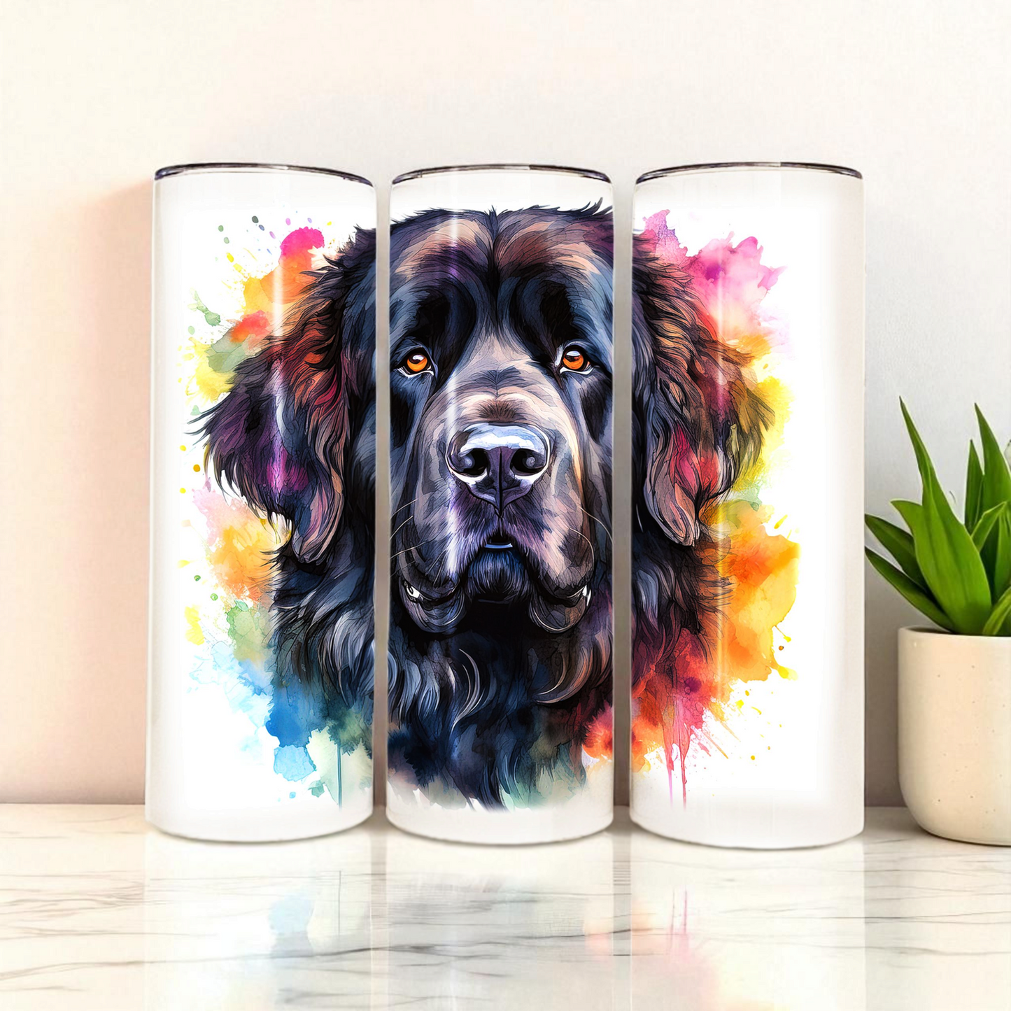 Newfoundland 20 oz Watercolor Dog Tumbler – Gentle Giant Dog Lover Gift, Insulated Stainless Steel Travel Cup with Lid & Straw