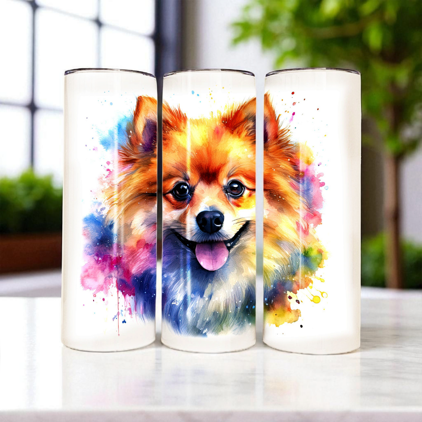 Pomeranian 20 oz Watercolor Tumbler – Cute Dog Lover Gift, Fluffy Pup Stainless Steel Travel Cup with Lid & Straw