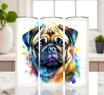 Pug 20 oz Watercolor Tumbler – Cute Dog Lover Gift, Stainless Steel Insulated Travel Cup with Lid & Straw