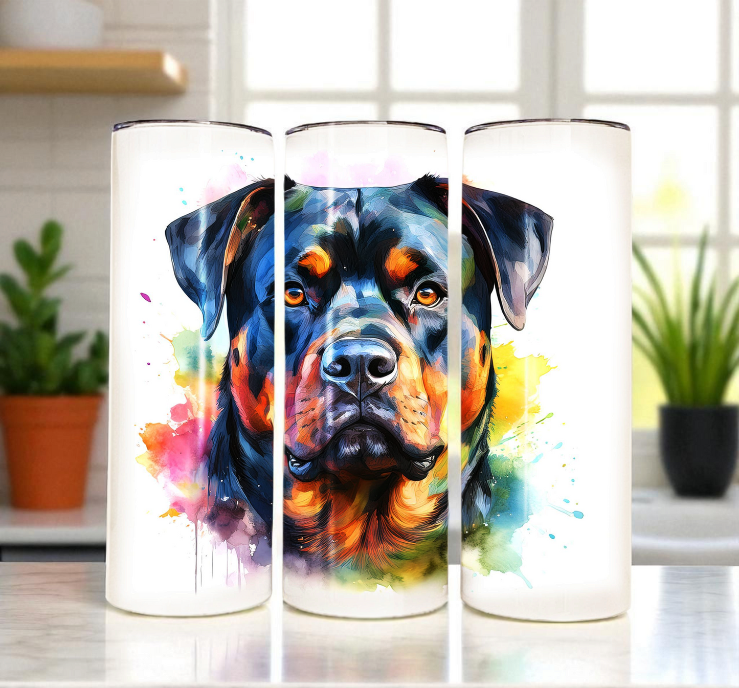 Rottweiler 20 oz Watercolor Tumbler – Rottie Dog Lover Gift, Insulated Stainless Steel Travel Cup with Lid & Straw
