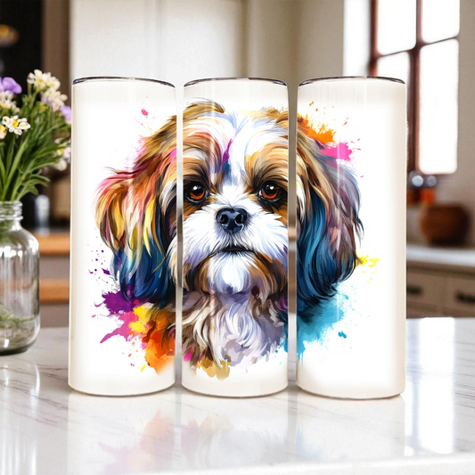 Shih Tzu 20 oz Watercolor Tumbler – Cute Dog Lover Gift, Stainless Steel Insulated Travel Cup with Lid & Straw