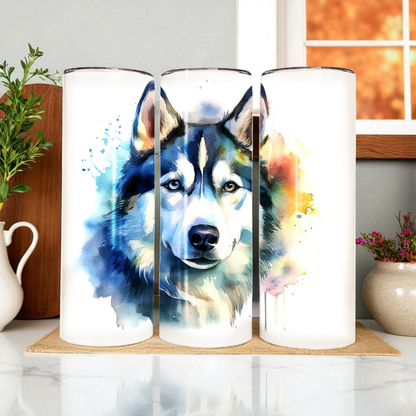 Siberian Husky 20 oz Watercolor Tumbler – Dog Lover Gift, Double-Walled Stainless Steel Cup with Lid & Straw