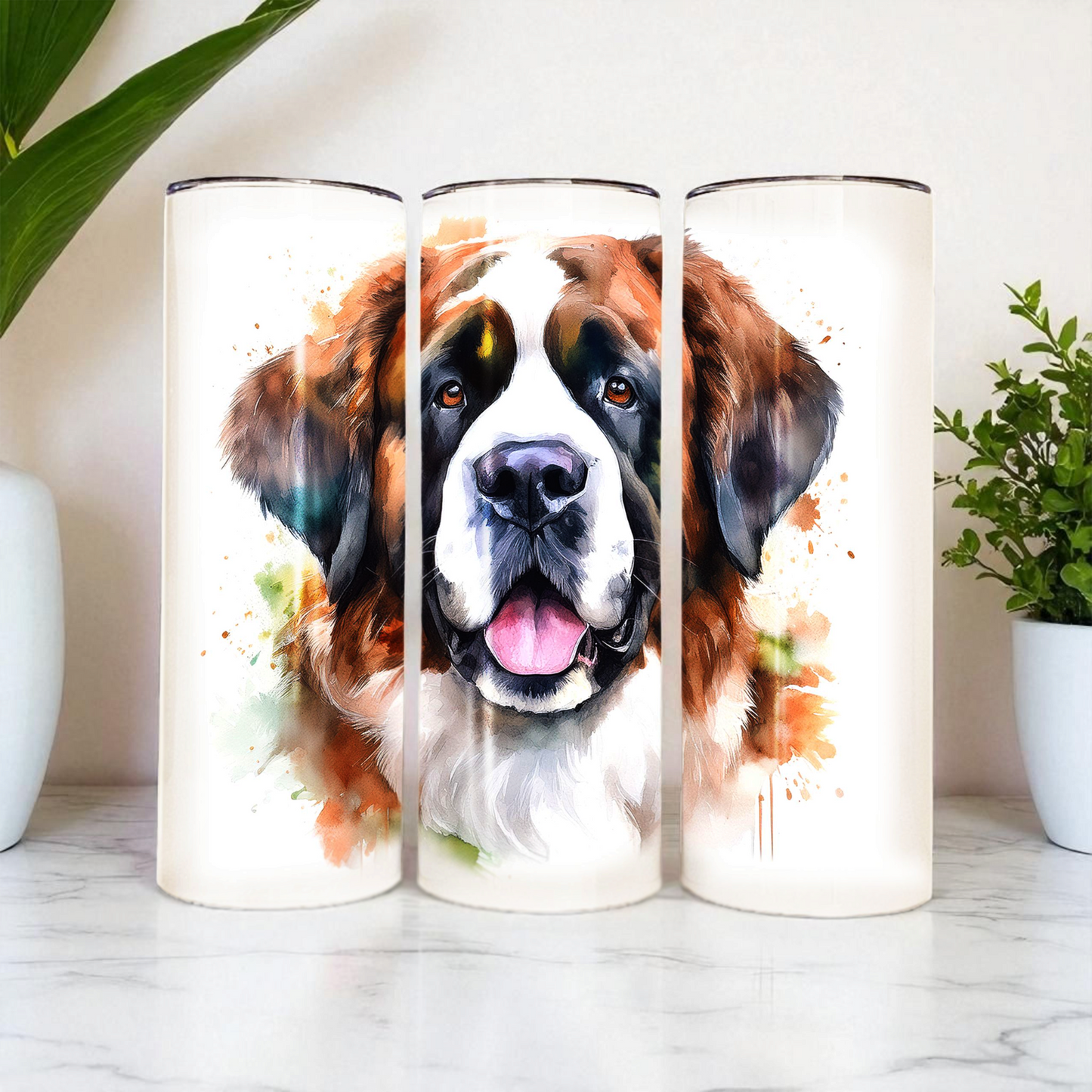 Saint Bernard 20 oz Watercolor Tumbler – Dog Lover Gift, Double-Walled Stainless Steel Cup with Lid & Straw