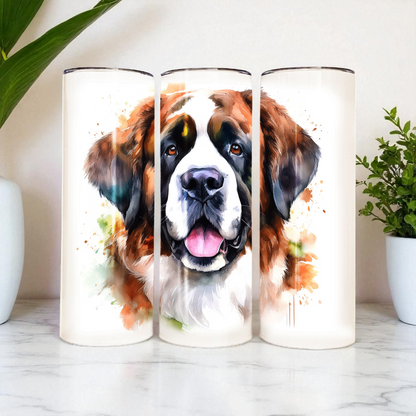 Saint Bernard 20 oz Watercolor Tumbler – Dog Lover Gift, Double-Walled Stainless Steel Cup with Lid & Straw