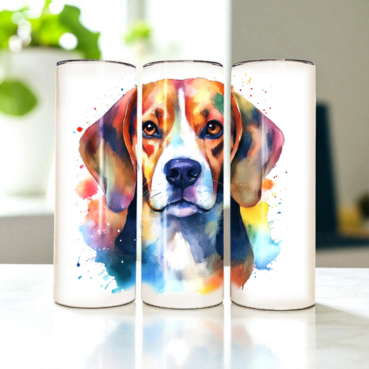 Beagle 20 oz Watercolor Tumbler – Dog Lover Gift, Double-Walled Stainless Steel Cup with Lid & Straw