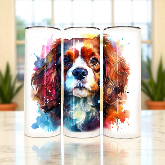 Cavalier King Charles Spaniel 20 oz Watercolor Tumbler – Dog Lover Gift, Stainless Steel Insulated Cup with Lid & Straw