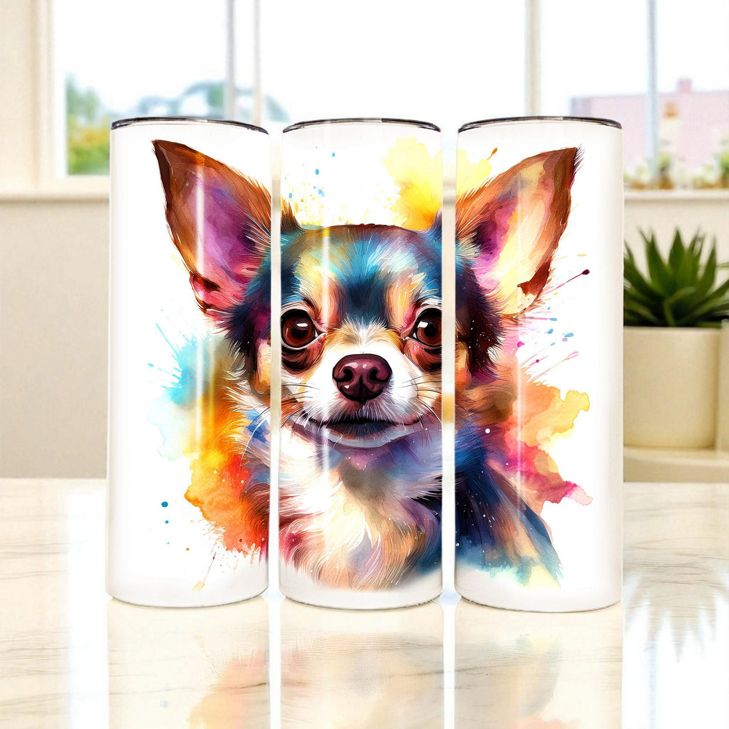 Chihuahua 20 oz Watercolor Tumbler – Cute Dog Lover Gift, Double-Walled Stainless Steel Insulated Cup with Lid & Straw